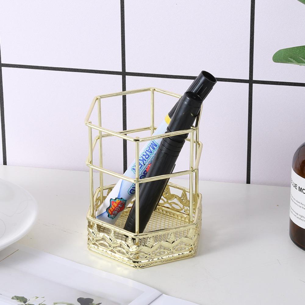 Wrought iron hexagonal pen holder rose gold makeup brush desktop storage ornament