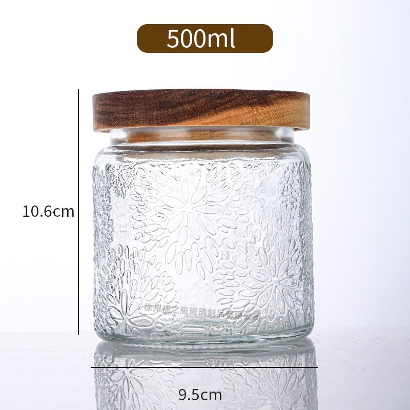 Ancient Peony Flower Relief Transparent Glass Storage Jar for Snacks, Tea Sealed Jar, Kitchen Storage Glass Bottle