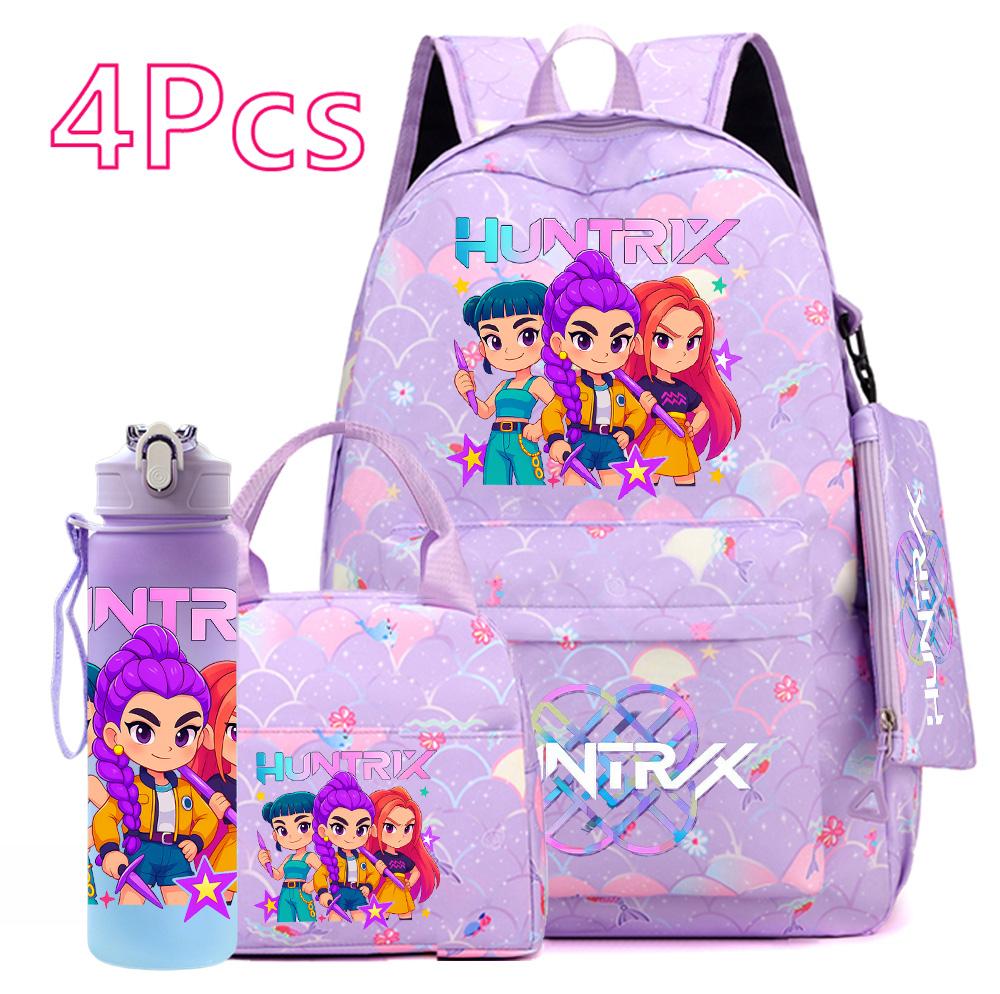 4Pcs/set Anime Cute K-POP Printed Backpack Large Capacity Bookbag HandBag Case Bag with 750ml Water Bottler Boy Girl SchoolBag Waterproof Mochila