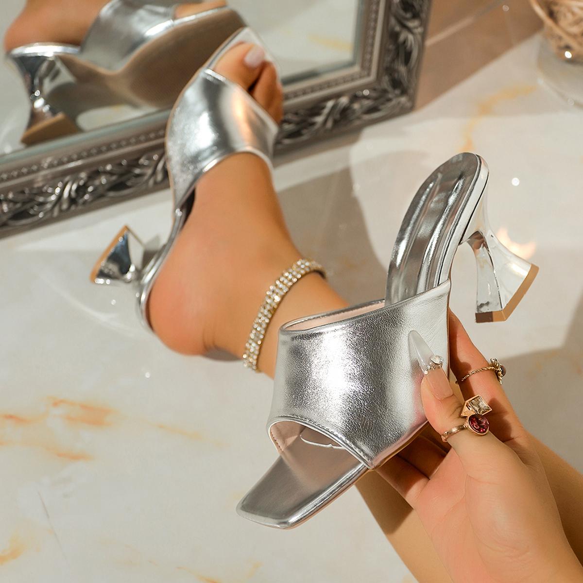 

Fashion Women Luxury High Heels Sandals Elegant Square Toe Slip on Sandals Outdoor Dress Street Style Shoes Women Sandalias De Mujer 36 серебряный