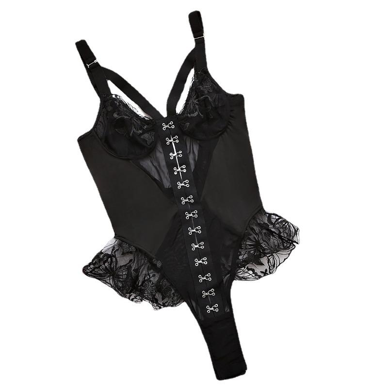 New Sexy Black Mesh Fluffy Edge Onesie Underwear Support
