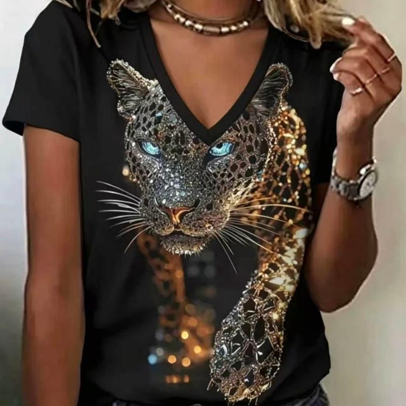 Summer Ladies 3D Printed V-Neck T-Shirt Fashion Versatile Breathable Trend Casual