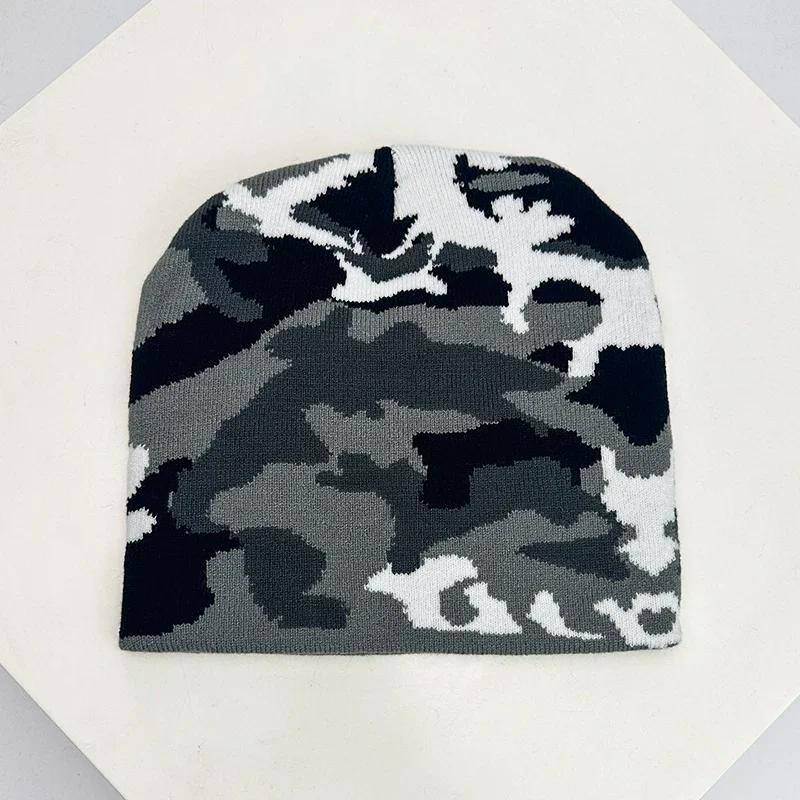 Autumn and Winter New European Style Camouflage Color Block Knitted Hats Warm Versatile Hip Hop Beanies Street Fashion Outdoor