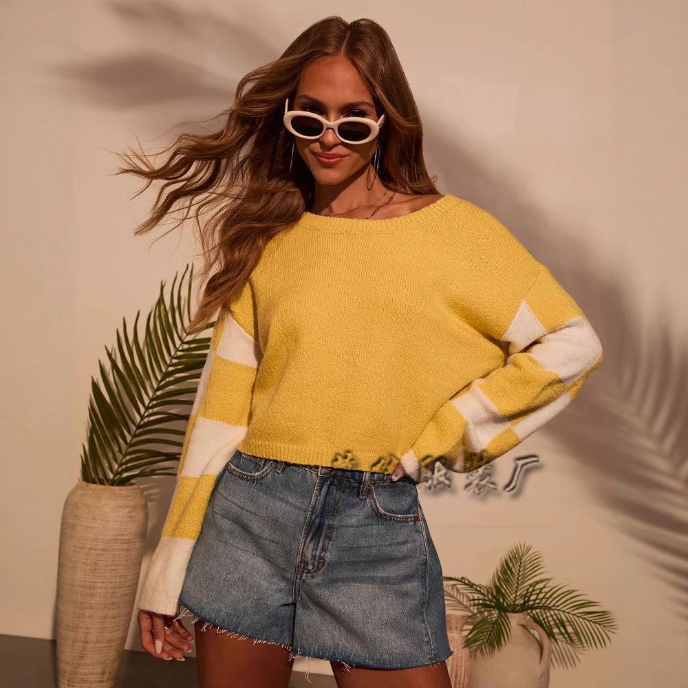 Autumn and Winter New Pullover Crew Neck Sweater Women's European and American Fashion Trends Multi-color Printing Long-sleeved Contrasting Sweater