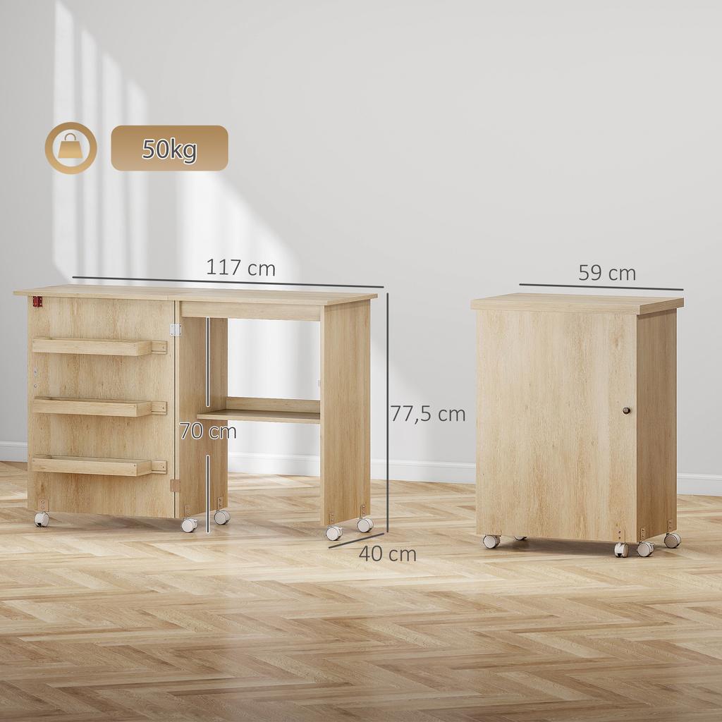 Folding Sewing Table, Drop-Leaf Front, Storage Bins, Open Shelf, Casters, Natural Wood