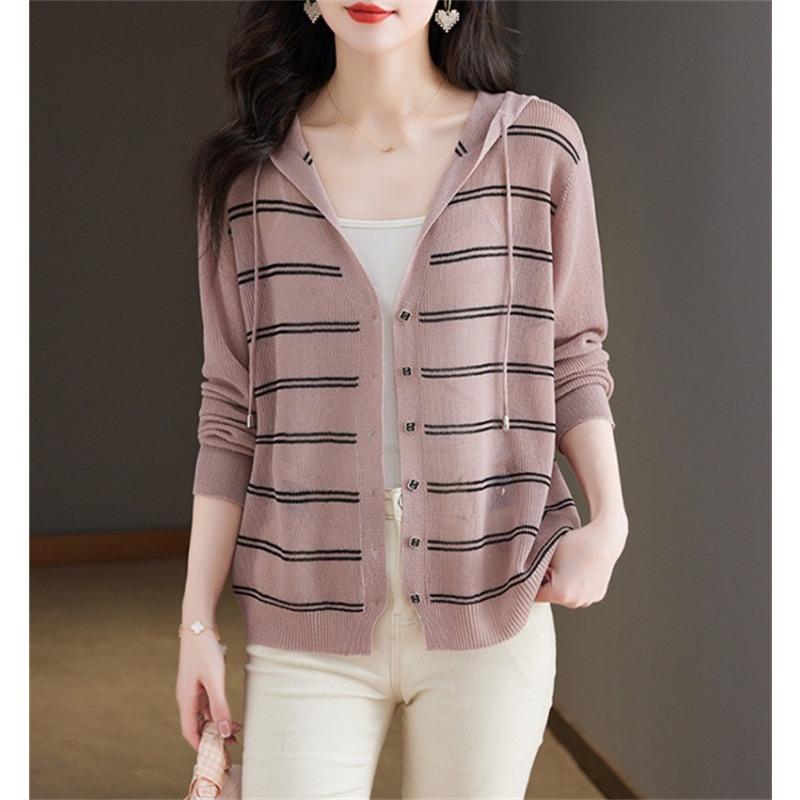 Striped Hooded Sun Protection Cardigan for Women Loose and Slimming Knitted Shirt Sweater
