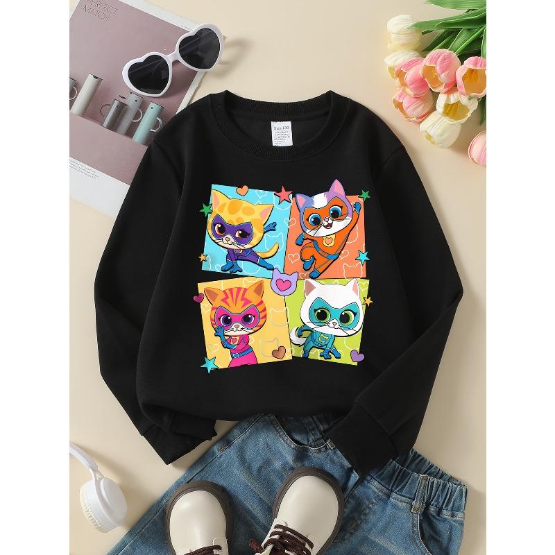 Kids Sweatshirt,Adorable Feline-Themed Hero Adventure Sweatshirt, Featuring a Crew Neck Design Suitable for Autumn And Winter