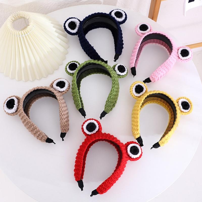 Knitted Animal for Frog Headwear Cartoon Big Eyes Hairband Cute Photo Props Fancy Dress Halloween Cosplay Accessories
