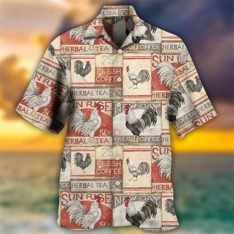 Latest Unisex Loose and Breathable 3D Printed Fashionable Chicken Shirt Beach Hawaiian Top Short Sleeved Summer Shirt