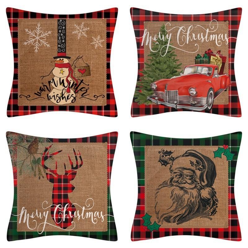 New Christmas Throw Pillow Cushion Home Decoration Short Plush Linen Printed Throw Pillow Cover