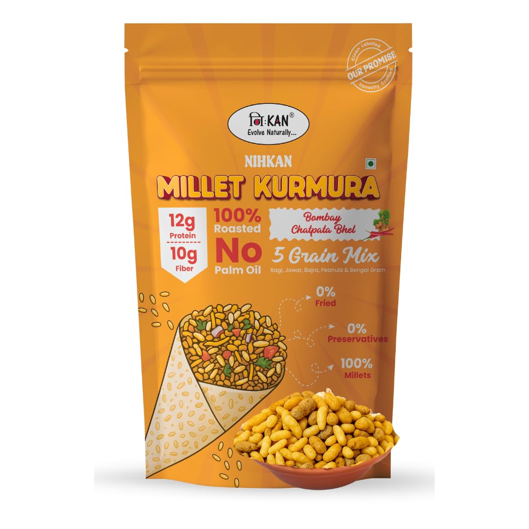 NIHKAN Roasted Ragi Jowar Bajra Kurmura Puffs Mix - Bombay Chatapata Bhel | Healthy 5 Grain Millet Murmura Ready Bhel | Gluten Free, Sugar Free,