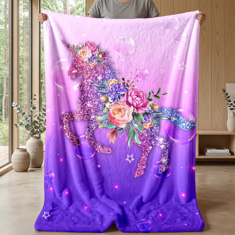 Fantasy Unicorn with Flowers Theme Blanket Lightweight Warm Flannel Blanket Decorative Throw Blanket for Home Decoration