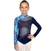 Kids Girls Performance Leotard: Long Sleeve Mock Neck with Mesh Patchwork & Butterfly Print Rhinestone Bodysuit Back Zipper