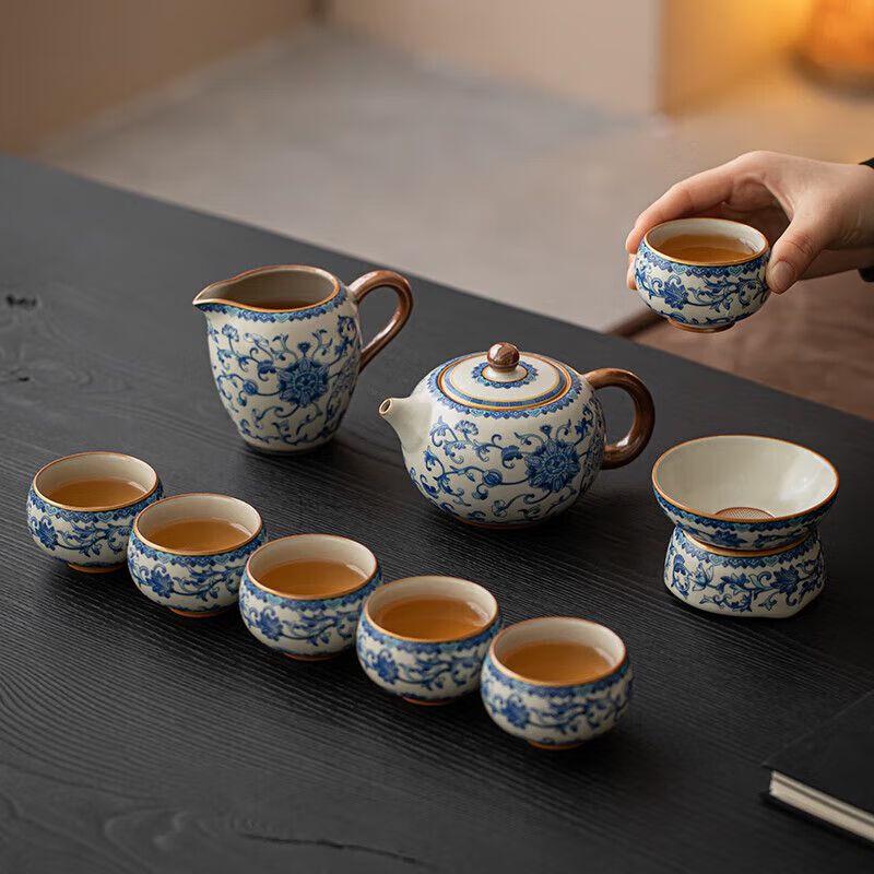 Ru Kiln Blue and White Gilded Ceramic Gongfu Tea Set