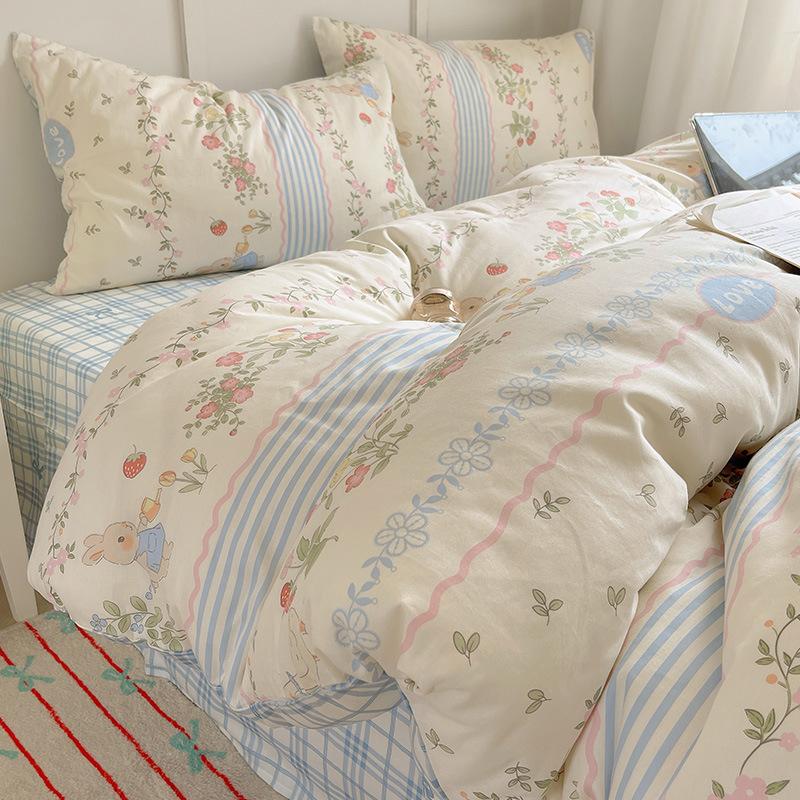 100% Pure Cotton Bed Four-piece Set Skin-friendly Water Wash Bed Sheet Quilt Cover Pillowcase Set