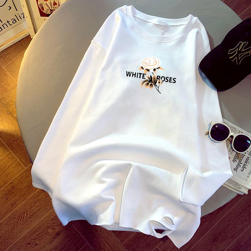 

Fleece-Lined Women s White Cotton Long Sleeve T-Shirt - Korean Style, Mid-Length for Autumn/Spring L (95-110 jin)