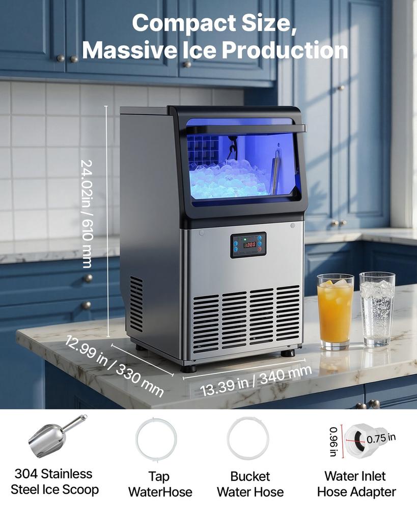 Kommerzielle Eismaschine, 41 kg/24h mit 6 kg Speicherkapazität, Arbeitsplatte/Freistehend/Unterbau, Eismaschine aus Edelstahl mit LED-Anzeige