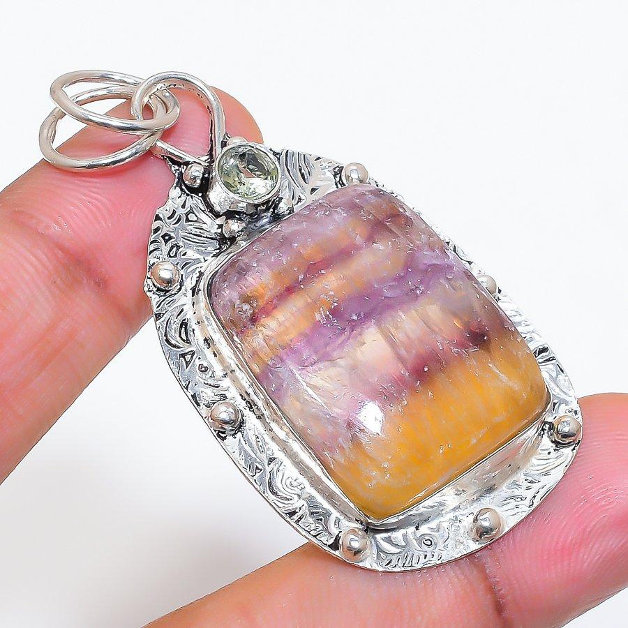 Natural Fluorite, Citrine 925 Sterling Silver Jewelry Pendant 2.32" ZS-36