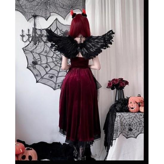 KALAOK Witch Cosplay Angel Halloween Costume 4-Piece Set Dress Wings Headband Wand Twin Coordination Event Party Black Red White School Festival