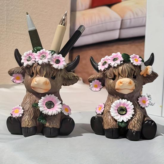 Highland Cow Vase Cute Cow And Flower Resin Vase Decorative Planter Without Drain Hole for Plants Flowers Home Outdoor Indoor Decor