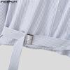 INCERUN Oversized Men Lapel Neck Long Sleeve Striped Print Belt Casual Shirts Tops