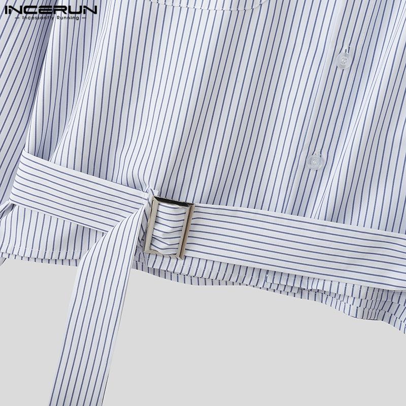 INCERUN Oversized Men Lapel Neck Long Sleeve Striped Print Belt Casual Shirts Tops