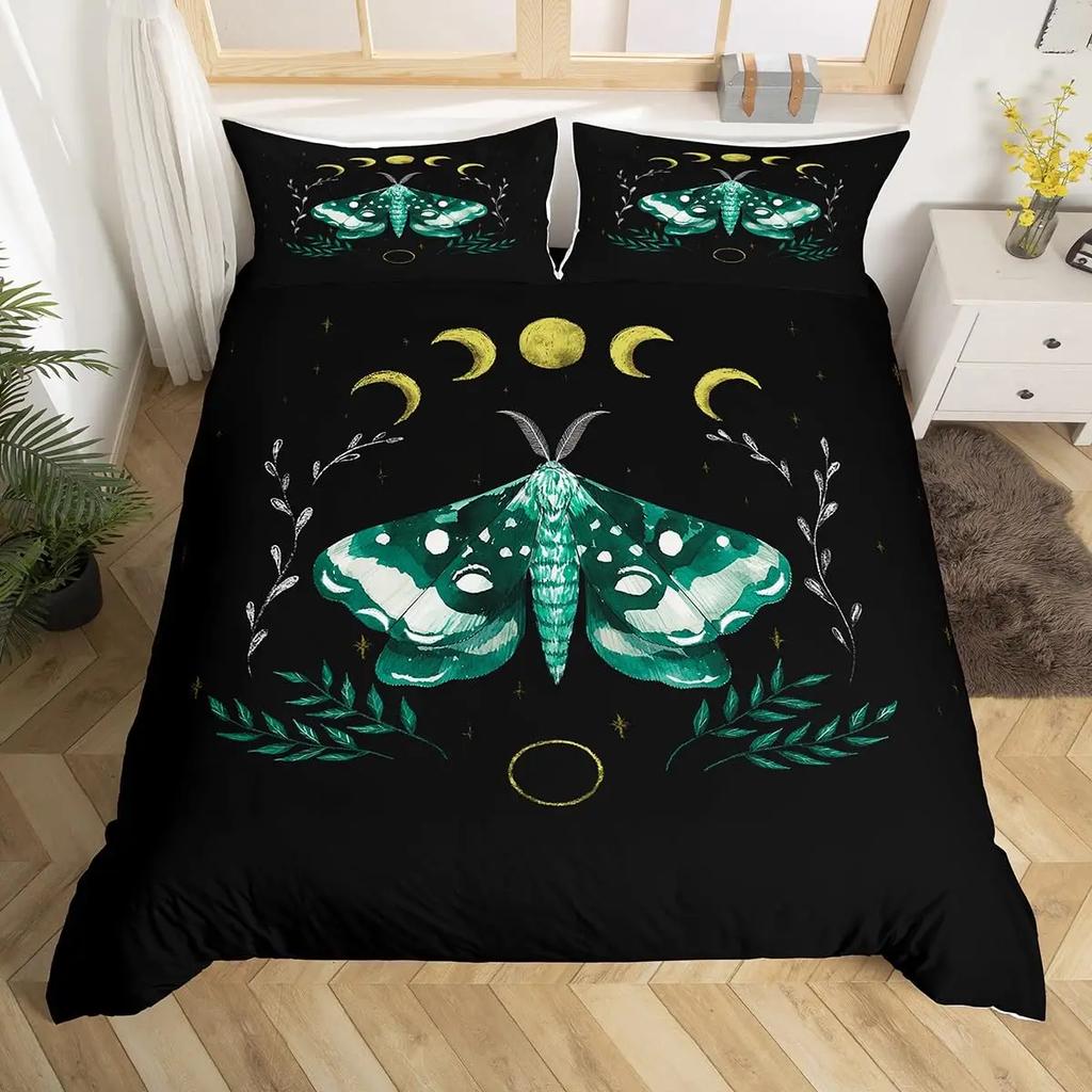 Gold Gothic Moth Duvet Cover Set Plant Pattern Bedding Sets Ultra Soft Lightweight Microfiber Queen King Comforter Cover 2/3 Pcs