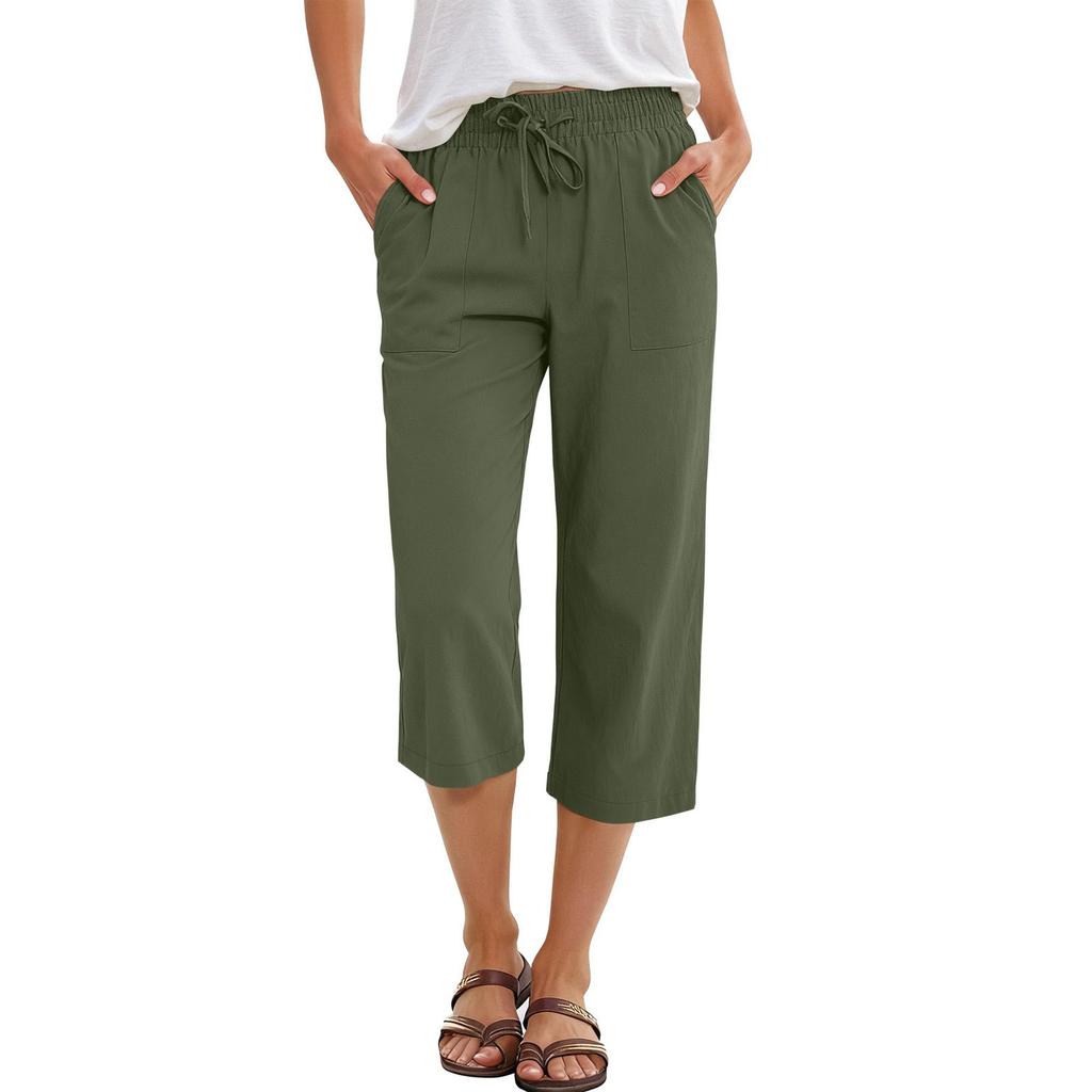 Women’s Cropped Wide Leg Pants with Elastic Waist Drawstring and Patch Pockets Casual Loose Fit Capris Trousers