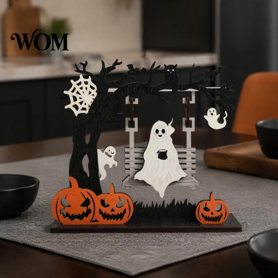Handmade Wooden Halloween Scenes Funny Desktop Swing Decor, Spooky Home Decor for Living Room Craft Activities Tabletop, Gothic Fall Themed Ornament,