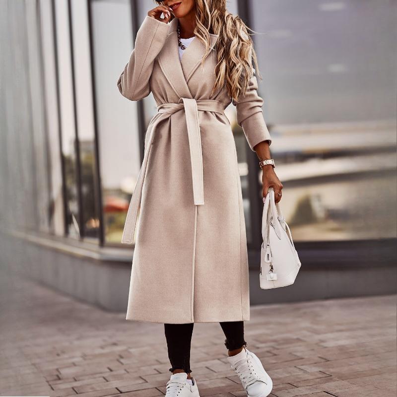 Women's Autumn and Winter Simple Long Sleeve V-Neck Tied Tweed Jacket Top