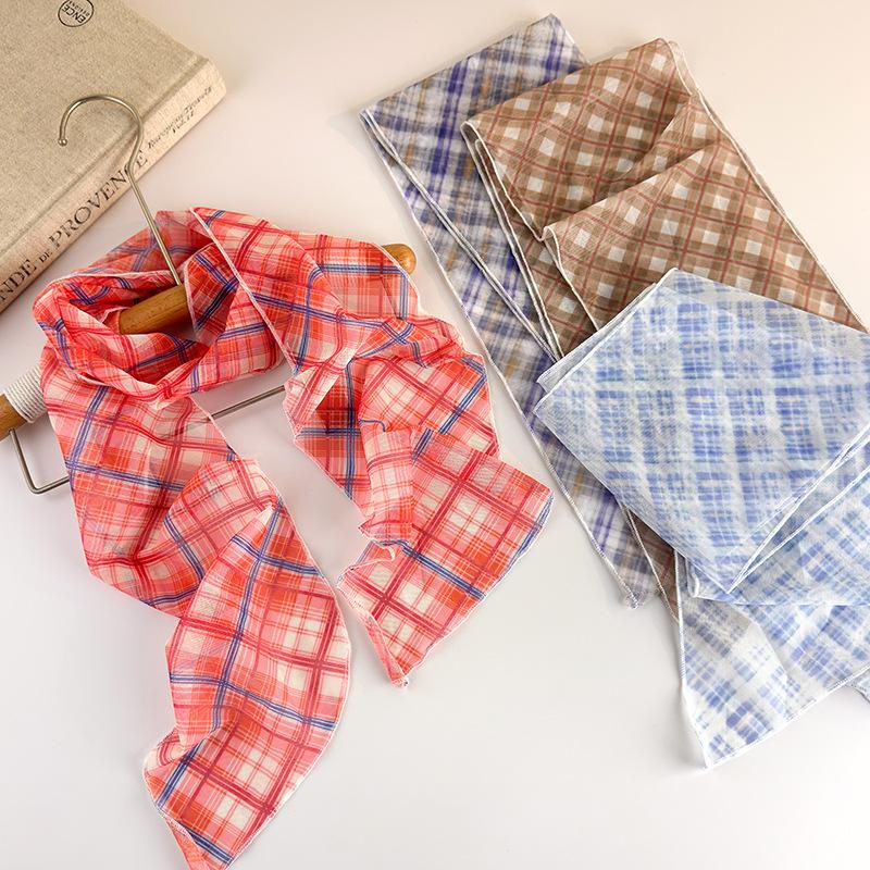 Korean Long Scarves Plaid Floral Print Lightweight Lace Mesh Scarf Versatile Neck Accessory Hair Scarf Neckerchief
