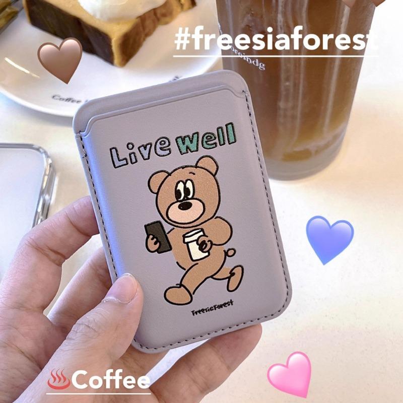 Korean Bear Magnetic Card Holder with Back Sticker PU Leather Card Holder Mobile Phone Case 1Pcs