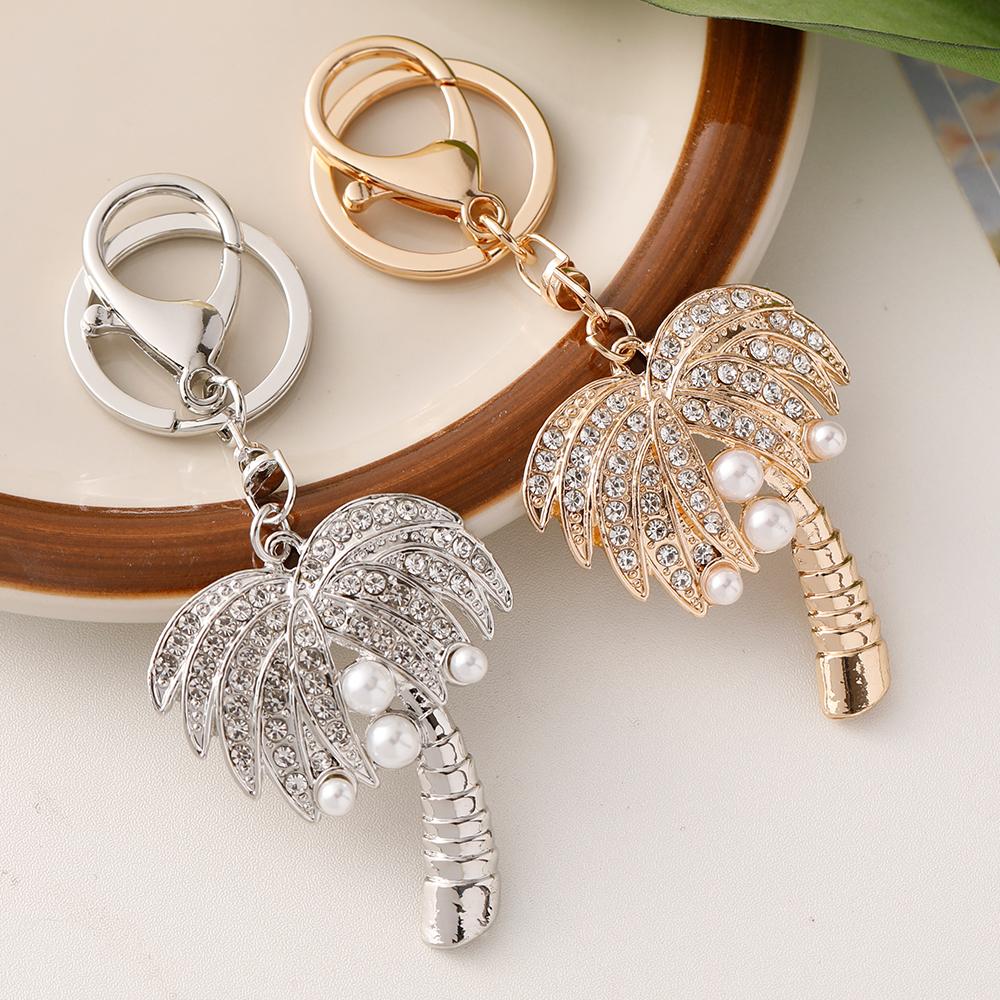Coconut Tree Crystal Pearl Keychain Golden Color Key Ring Women's Bag Pendant Souvenir Gift Hawaii Beach