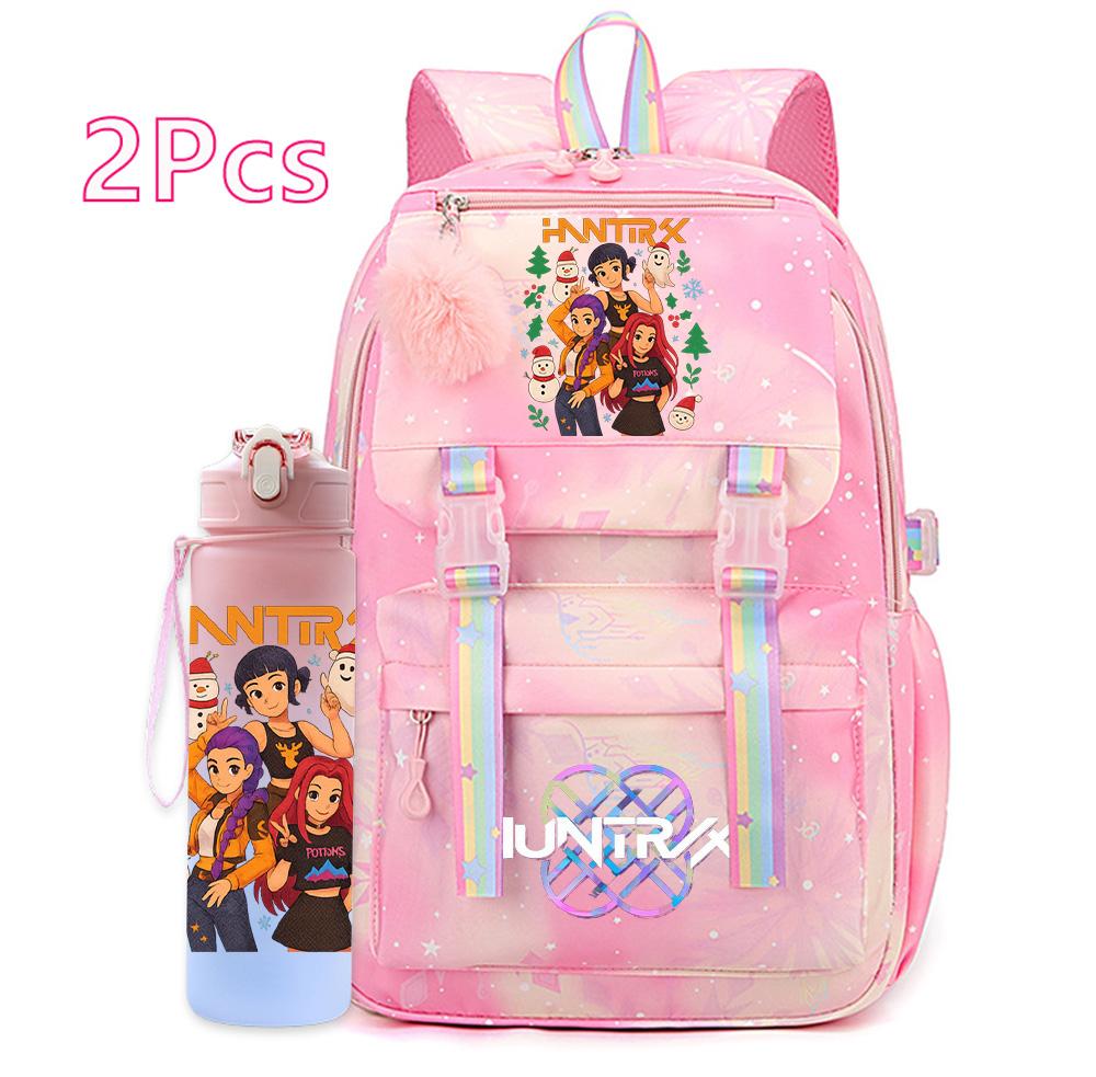 2Pcs/set Christmas K-pop Printed Backpack with 750Ml Water Bottler Large Capacity Travel Bag for Teenager Girl Boy Waterproof Bookbag Kid Gift Rucksak