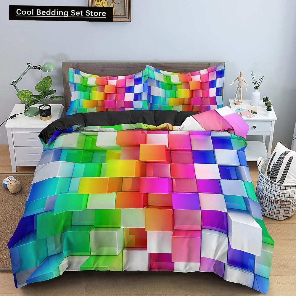 Housse de couette Roi Reine Briques Colorées Ensemble de literie pour Enfants Adolescents Adultes Dessin Animé 2/3 pièces Housse de couette en Polyester EU single(135x200cm)