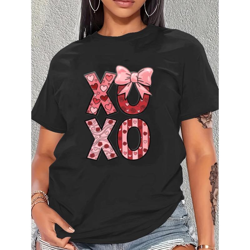 European Size Women's Short Sleeve T-shirt, Five Colors. "XOXO" Valentine's Day Graphic Tee Women's Summer New Pink Bow and Hearts Print Top