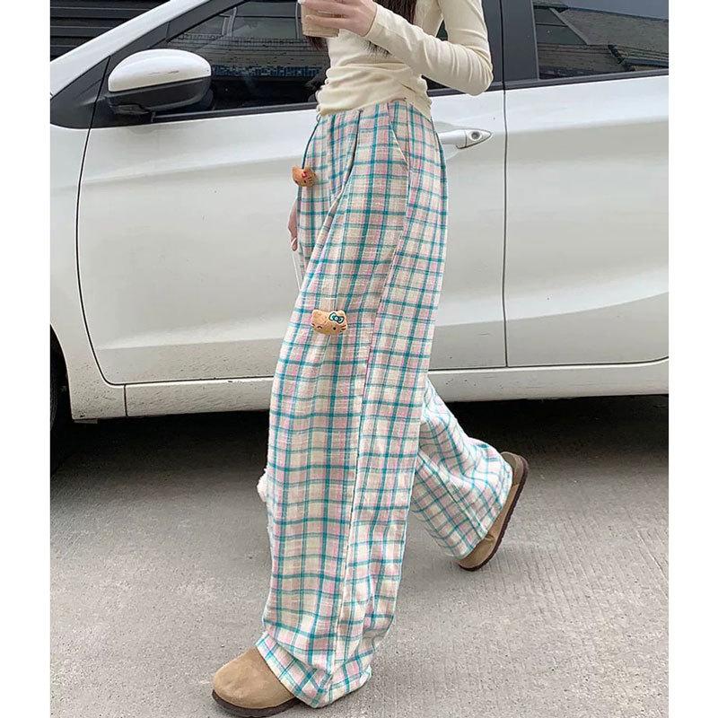 Women's High Waist Wide Leg Pants Straight Fit Plaid Trousers Cute Doll Accent Spring Gentle Commute Daily Wear Bottoms
