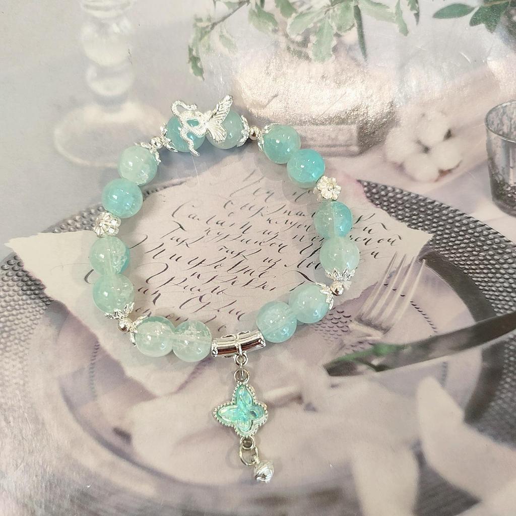 Forest Butterfly Glass Bracelet with Ice-Cracked Flower Beads