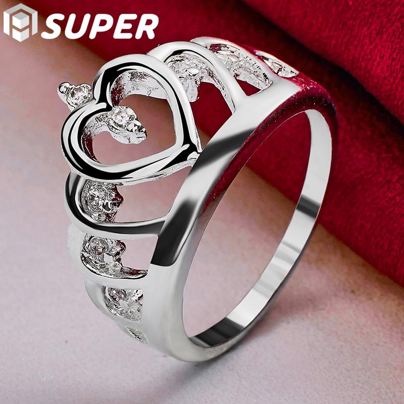 925 Sterling Silver AAA Zircon Heart-shaped Crown Ring, Fashionable Wedding Jewelry