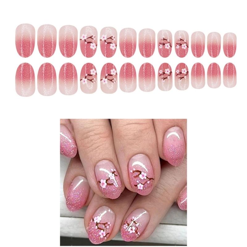 24 Pcs Simple Artificial Nail Short Round Full Cover False Nail Glittering Stick on Nail Peach Blossoms Press On Nail