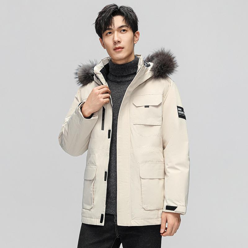 New winter down jacket men's short hooded jacket tooling trendy brand men's big fur collar warm and cold coat men