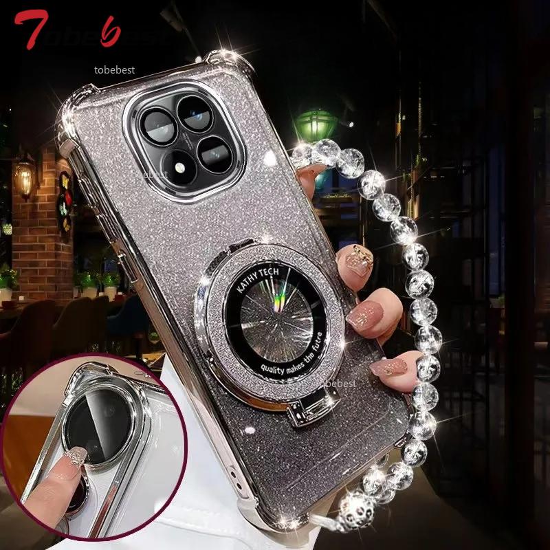 Shockproof Glitter Plating Case For Xiaomi Redmi Note 15 Pro Plus 5G Crystal Bracelet Magsafe Phone Holder Cover