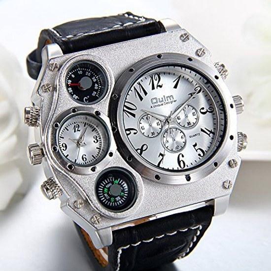 JewelryWe Mode Herren Multifunktionsuhr Zifferblatt Analoganzeige Lederarmband Sportkompass Thermometerfunktion Silber Schwarz