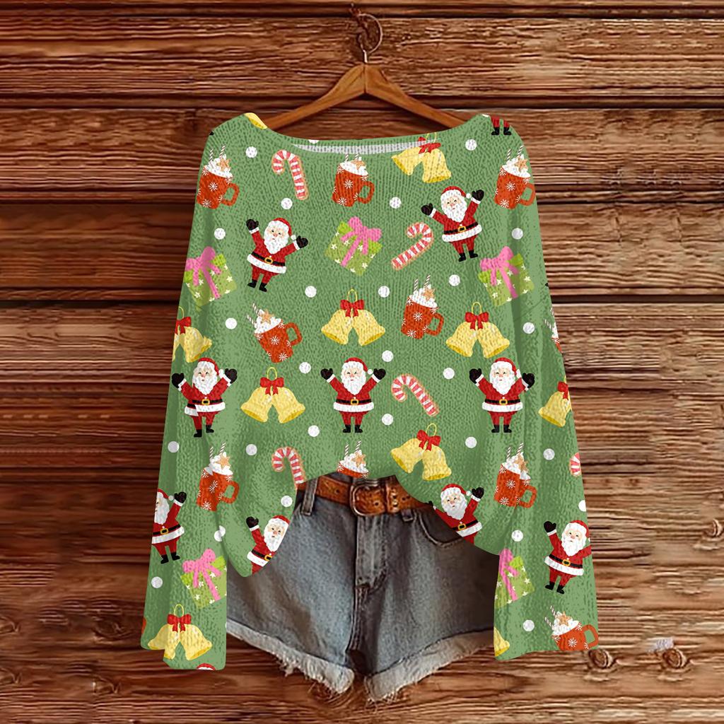 Women's Fashionable Oversized Knitwear Long-Sleeved Christmas Print Top