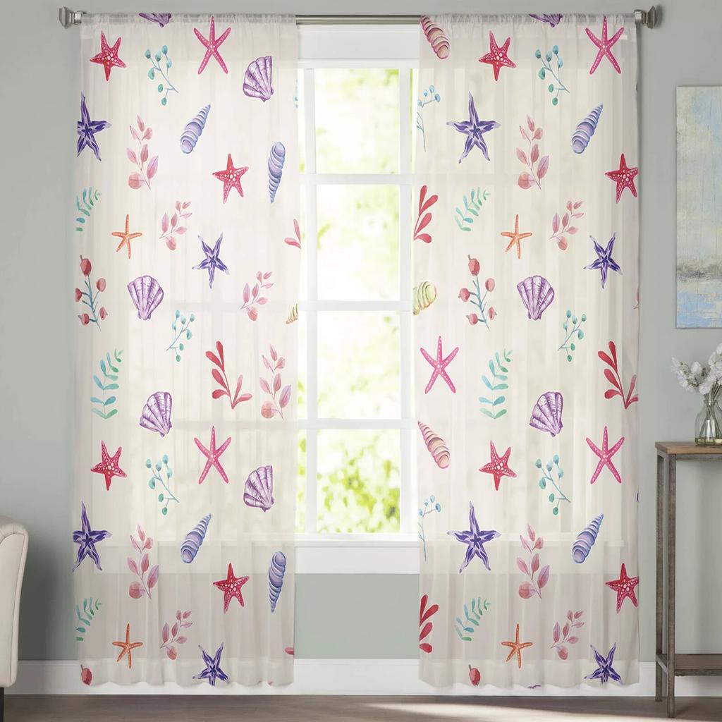 Flowers Foliage Gradient Shells Starfish Bedroom Transparent Sheer Curtains Holiday Decoration Window Voile Tulle Curtain