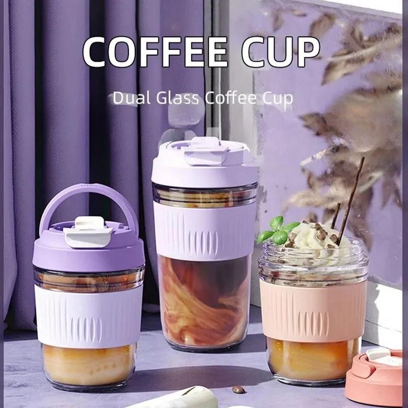 INS Style Portable Fashion Water Cup Glass Water Cup Double-layer Drink Cup Student Straw High Value Coffee Cups Gift Glass Cup