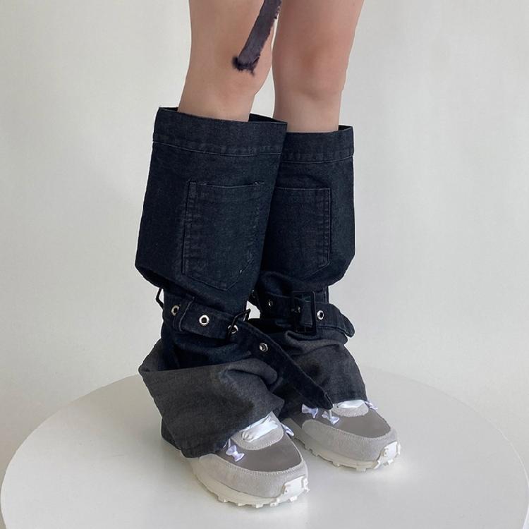 Women Japanese Punk Buckle Strap Leg Warmers Harajuku Aesthetic Streetwear Baggy Loose Denims Leg Sleeve Foot Covers
