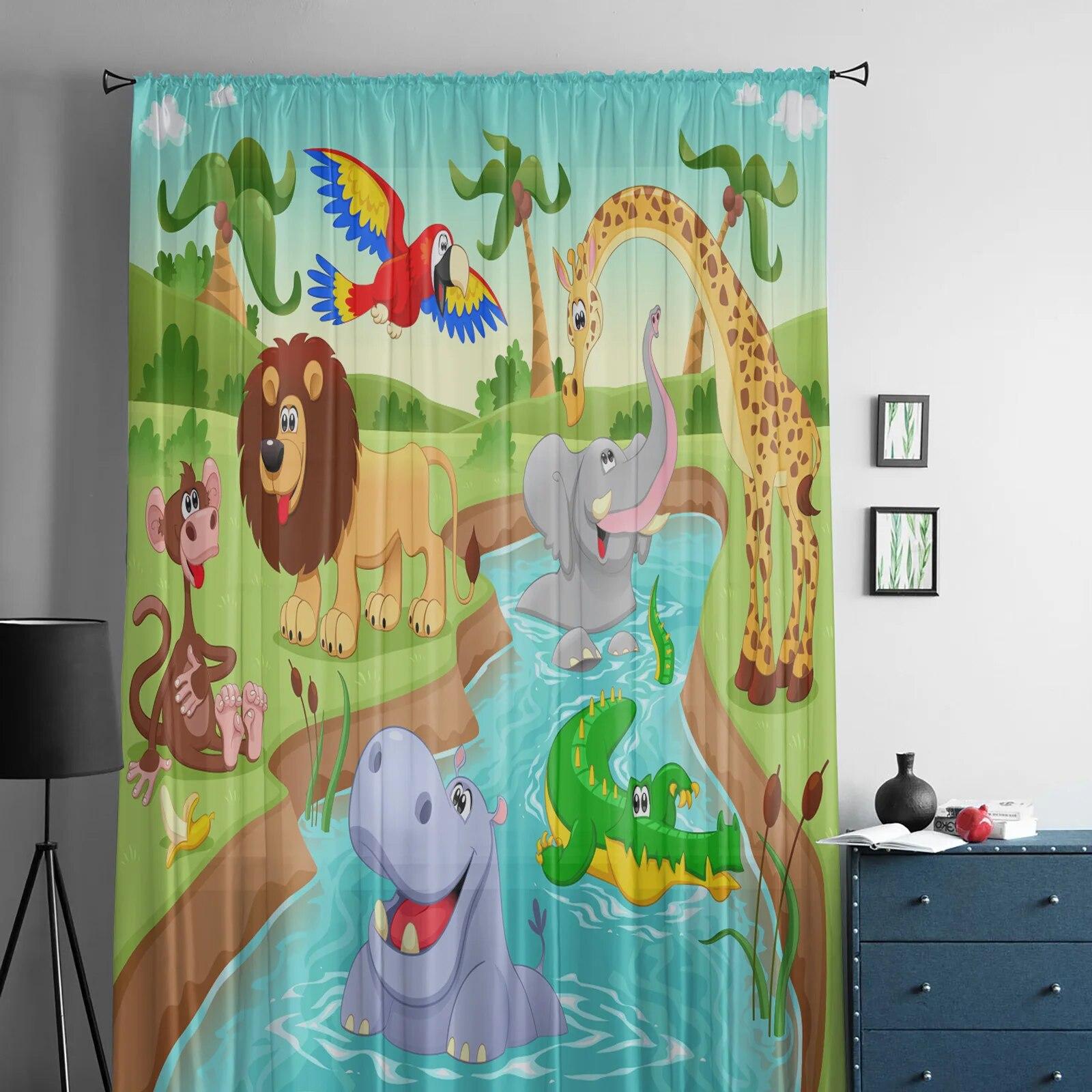 

Прозрачные шторы с рисунком джунглей, лесных животных, жирафа, льва, зебры для детей, для девочек, спальни, гостиной, оконный балдахин, кухонный декор 135W x 160H(cm)