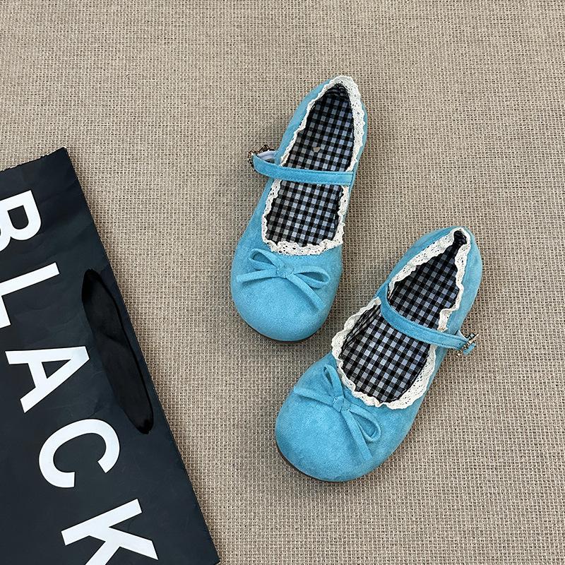 Lace Edge Bow Bag Head Single Shoes Women's Autumn and Winter Fashion Gentle Retro One-word Buckle Mary Jane Ballet Shoes