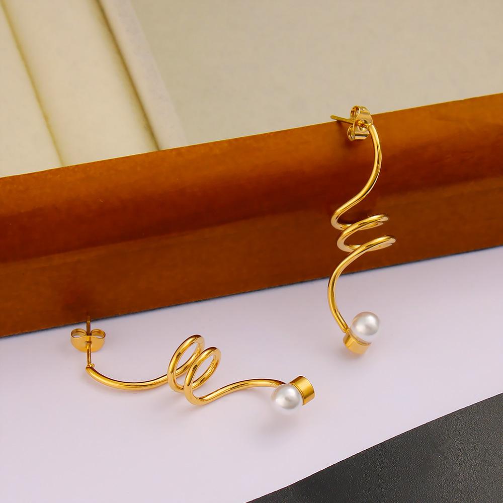 Fashionable Threaded Stainless Steel Pearl Earrings - Simple European & American Style